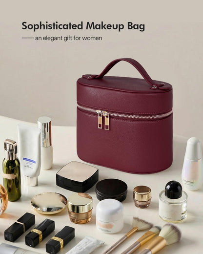2 Pcs Makeup Bag Set Travel Cosmetic Case with Clear Pouch for Women | Removable Divider, Vanity Case, Waterproof, Vegan Leather, Elastic Slot, Dual Zipper, Structured, Large Capacity, Easy Clean