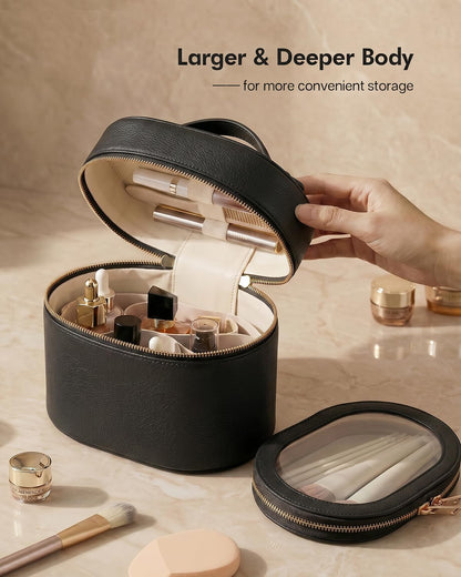2 Pcs Makeup Bag Set Travel Cosmetic Case with Clear Pouch for Women | Removable Divider, Vanity Case, Waterproof, Vegan Leather, Elastic Slot, Dual Zipper, Structured, Large Capacity, Easy Clean
