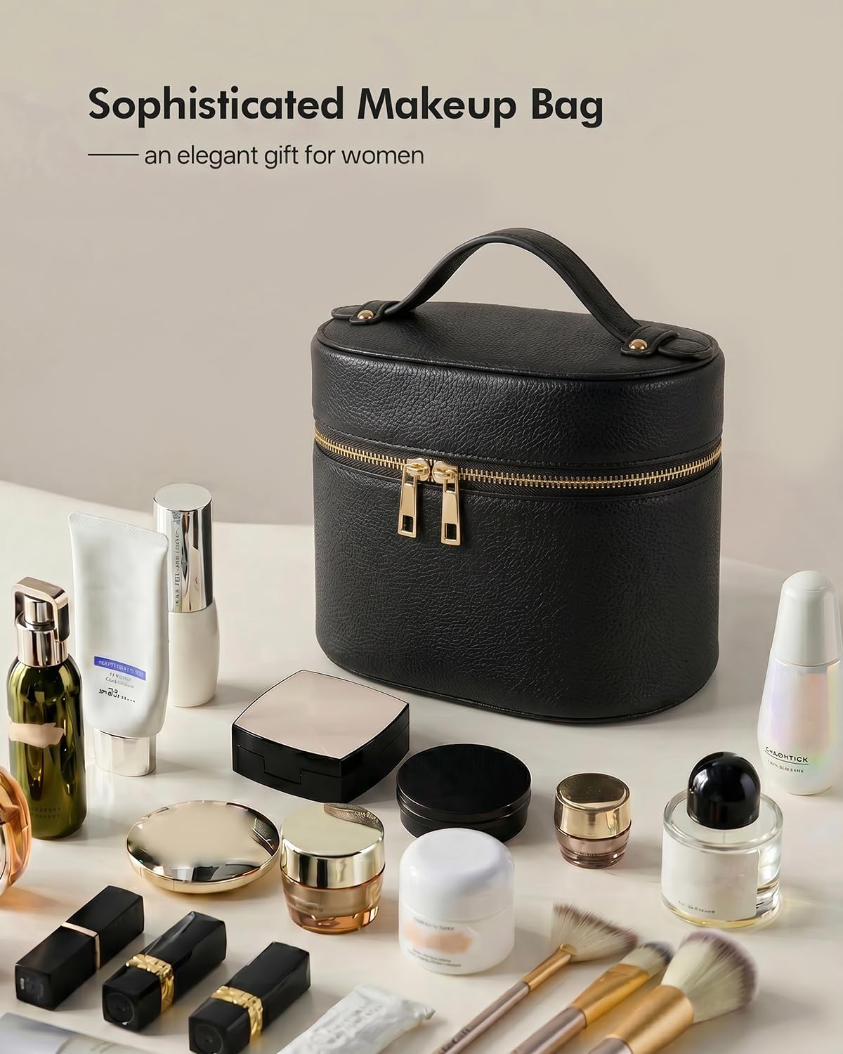 2 Pcs Makeup Bag Set Travel Cosmetic Case with Clear Pouch for Women | Removable Divider, Vanity Case, Waterproof, Vegan Leather, Elastic Slot, Dual Zipper, Structured, Large Capacity, Easy Clean