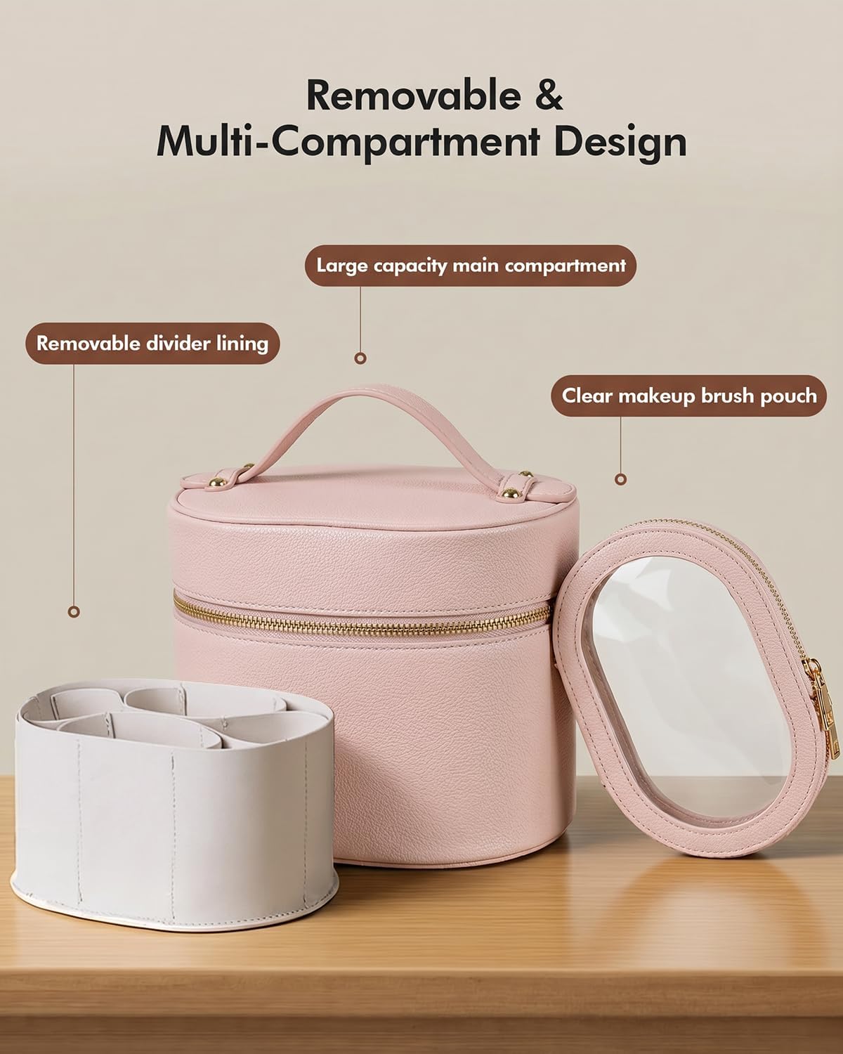 2 Pcs Makeup Bag Set Travel Cosmetic Case with Clear Pouch for Women | Removable Divider, Vanity Case, Waterproof, Vegan Leather, Elastic Slot, Dual Zipper, Structured, Large Capacity, Easy Clean