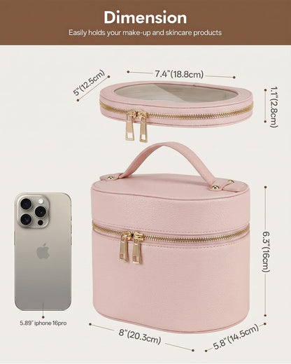 2 Pcs Makeup Bag Set Travel Cosmetic Case with Clear Pouch for Women | Removable Divider, Vanity Case, Waterproof, Vegan Leather, Elastic Slot, Dual Zipper, Structured, Large Capacity, Easy Clean