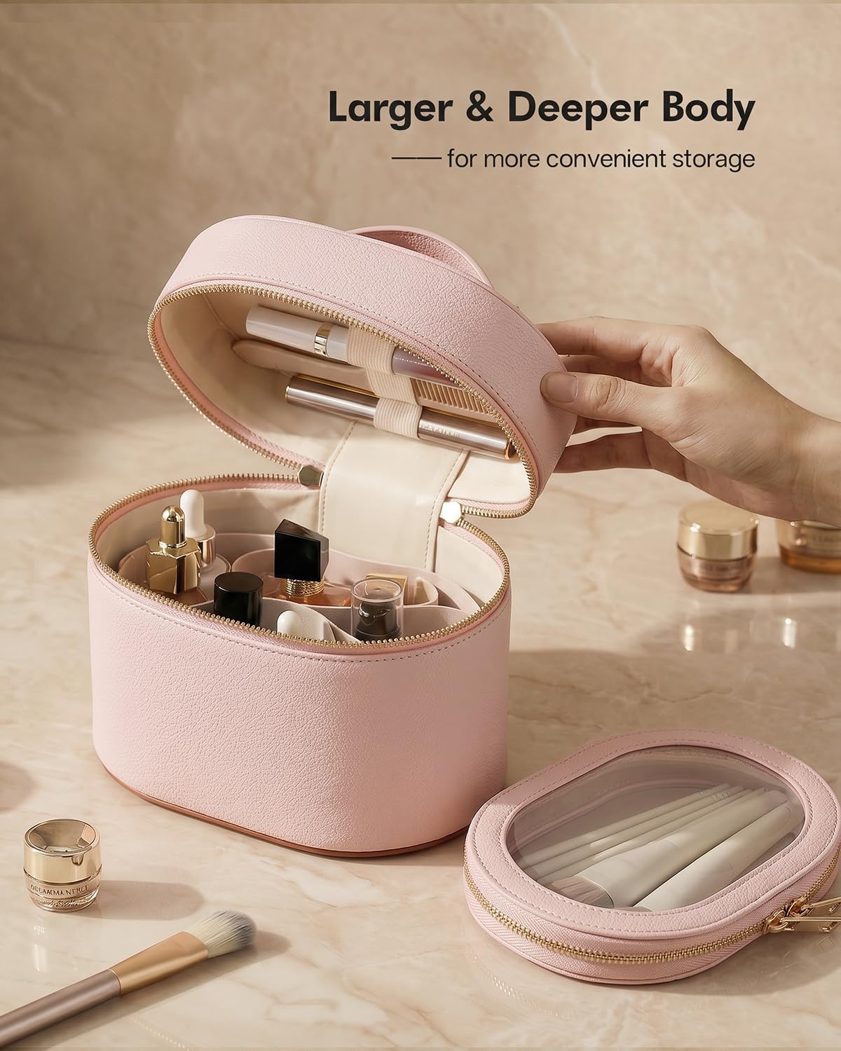 2 Pcs Makeup Bag Set Travel Cosmetic Case with Clear Pouch for Women | Removable Divider, Vanity Case, Waterproof, Vegan Leather, Elastic Slot, Dual Zipper, Structured, Large Capacity, Easy Clean