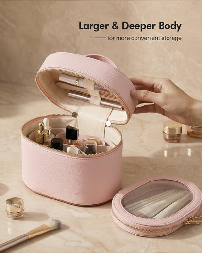 2 Pcs Makeup Bag Set Travel Cosmetic Case with Clear Pouch for Women | Removable Divider, Vanity Case, Waterproof, Vegan Leather, Elastic Slot, Dual Zipper, Structured, Large Capacity, Easy Clean