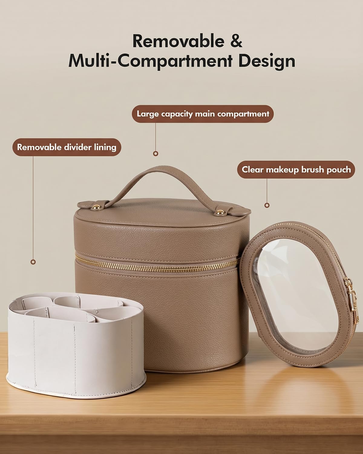 2 Pcs Makeup Bag Set Travel Cosmetic Case with Clear Pouch for Women | Removable Divider, Vanity Case, Waterproof, Vegan Leather, Elastic Slot, Dual Zipper, Structured, Large Capacity, Easy Clean