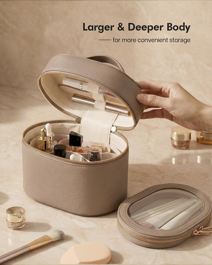 2 Pcs Makeup Bag Set Travel Cosmetic Case with Clear Pouch for Women | Removable Divider, Vanity Case, Waterproof, Vegan Leather, Elastic Slot, Dual Zipper, Structured, Large Capacity, Easy Clean