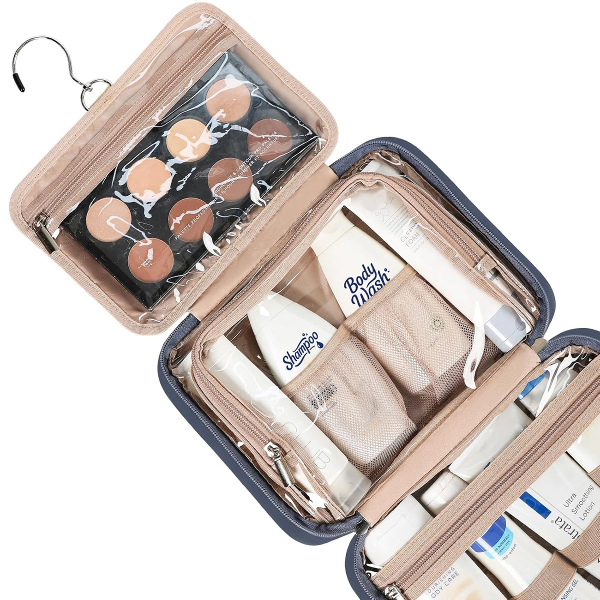 Travel Toiletry Bag for Women, Makeup Essentials Organizer, Hanging Case for Accessories, Cosmetics, Large Size, Pink
