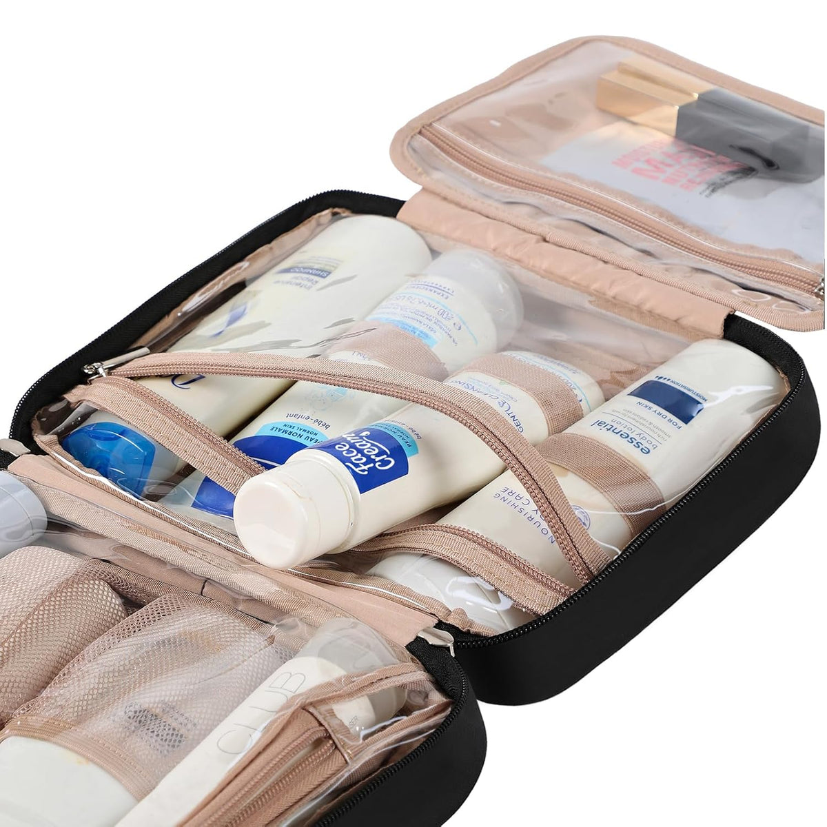 Travel Toiletry Bag for Women, Makeup Essentials Organizer, Hanging Case for Accessories, Cosmetics, Large Size, Pink