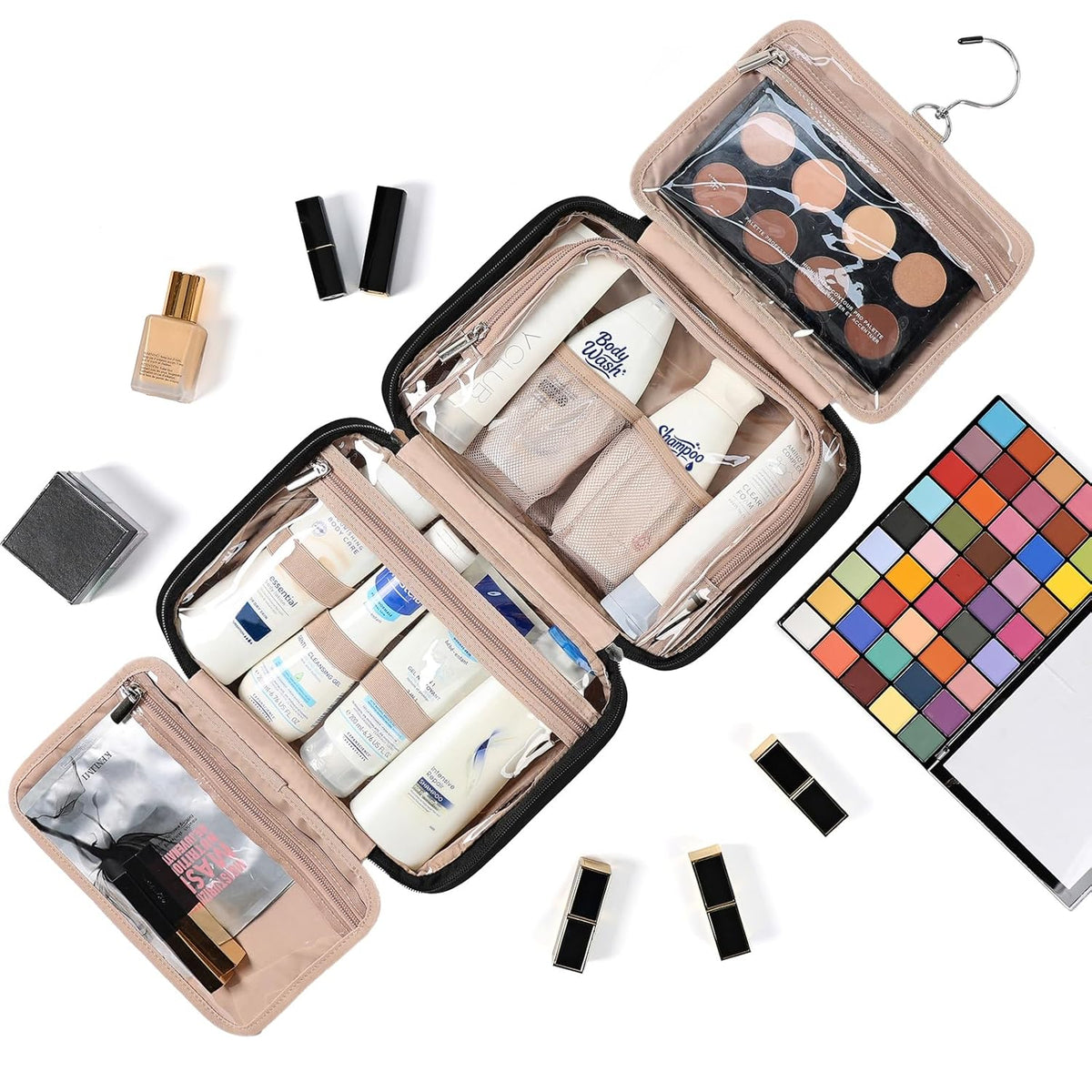 Travel Toiletry Bag for Women, Makeup Essentials Organizer, Hanging Case for Accessories, Cosmetics, Large Size, Pink
