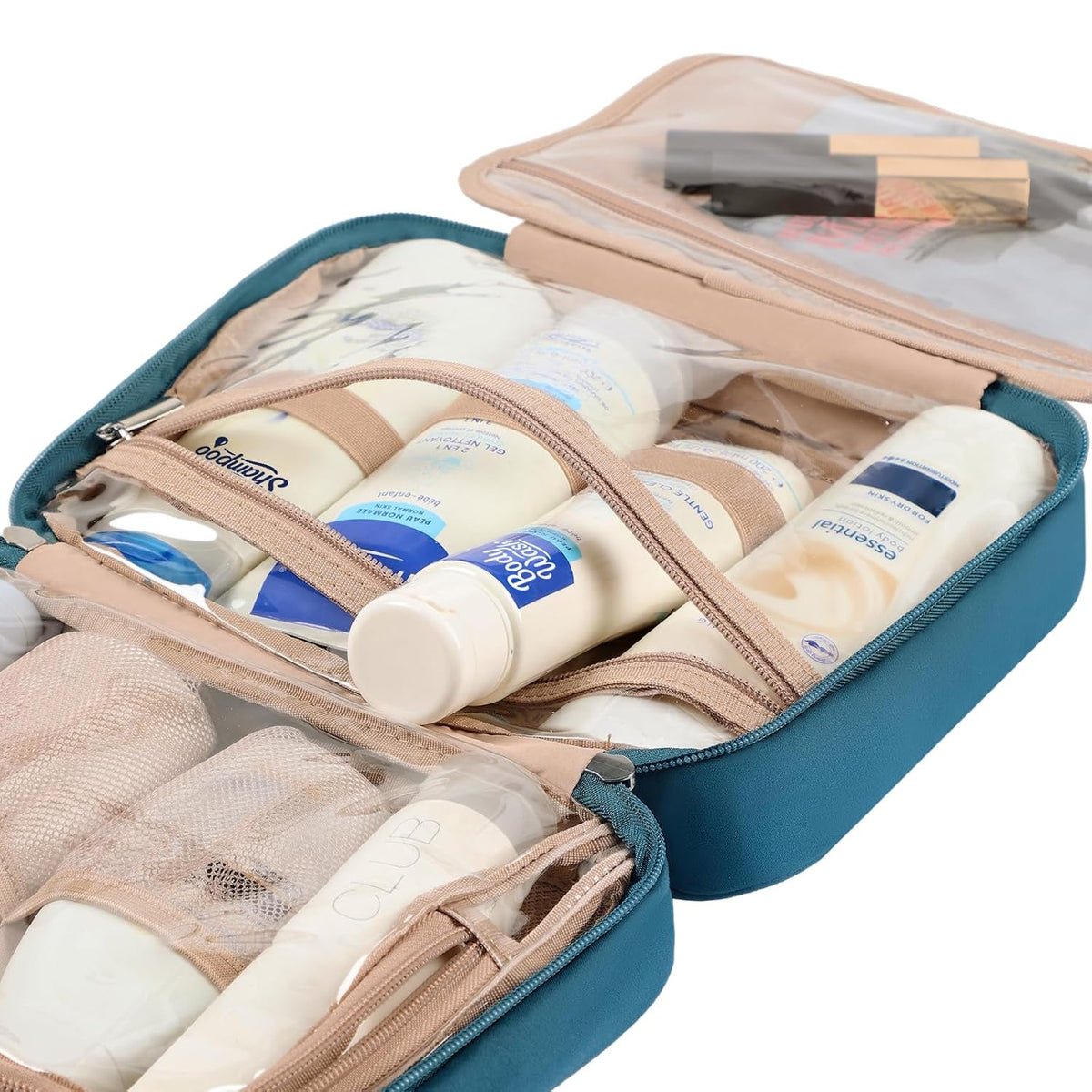 Travel Toiletry Bag for Women, Makeup Essentials Organizer, Hanging Case for Accessories, Cosmetics, Large Size, Pink