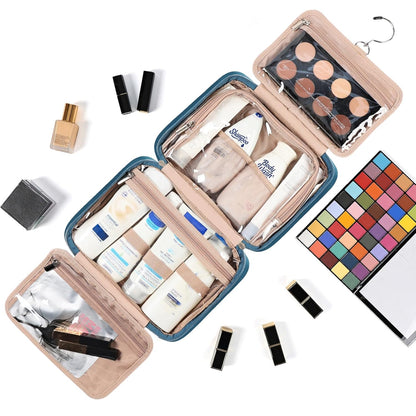 Travel Toiletry Bag for Women, Makeup Essentials Organizer, Hanging Case for Accessories, Cosmetics, Large Size, Pink