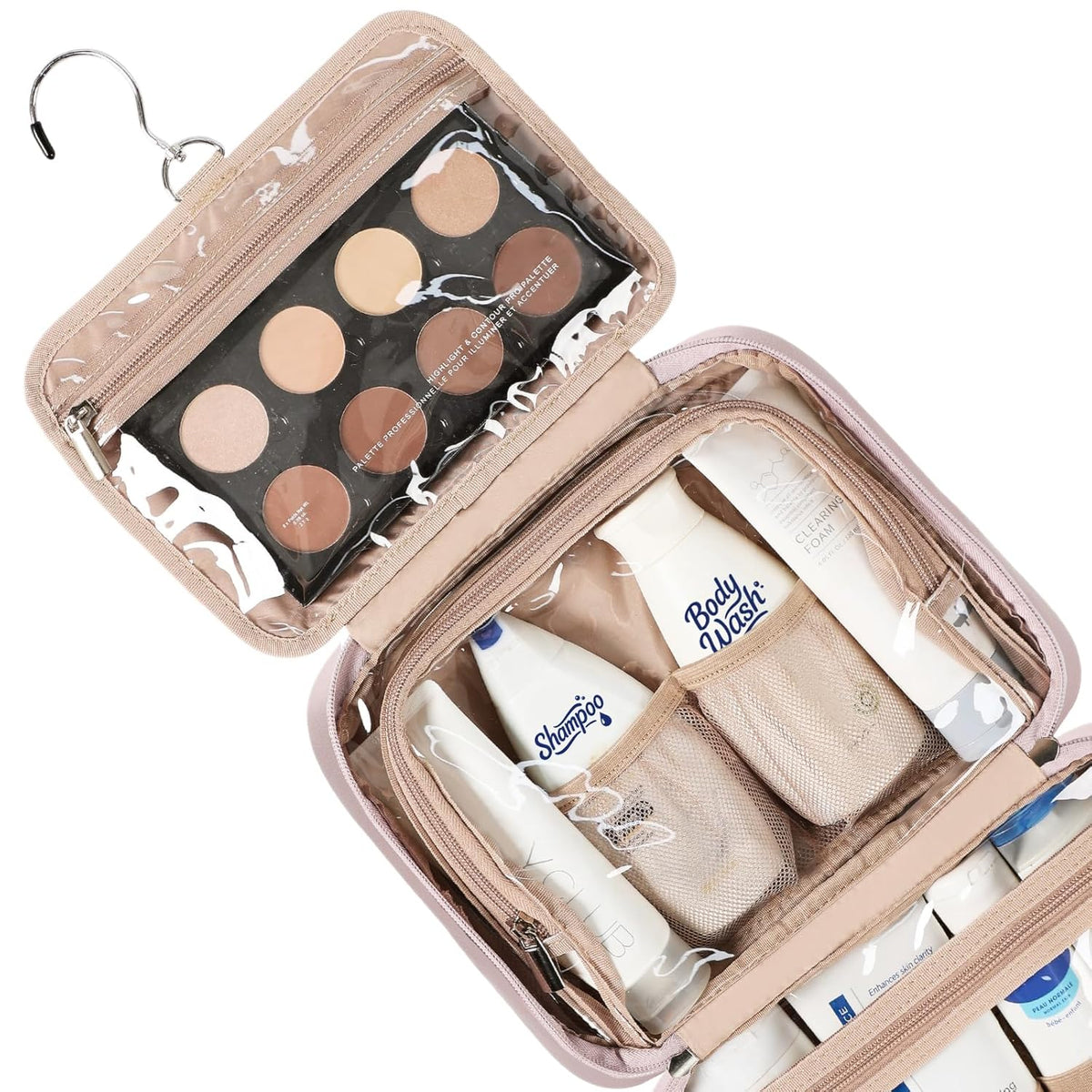 Travel Toiletry Bag for Women, Makeup Essentials Organizer, Hanging Case for Accessories, Cosmetics, Large Size, Pink