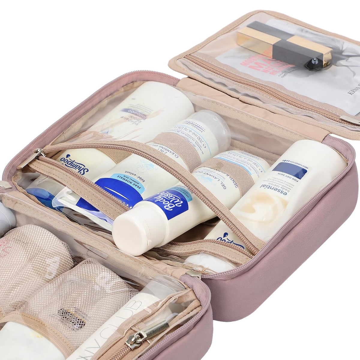 Travel Toiletry Bag for Women, Makeup Essentials Organizer, Hanging Case for Accessories, Cosmetics, Large Size, Pink