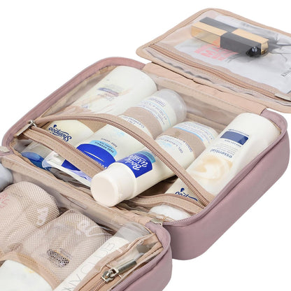 Travel Toiletry Bag for Women, Makeup Essentials Organizer, Hanging Case for Accessories, Cosmetics, Large Size, Pink