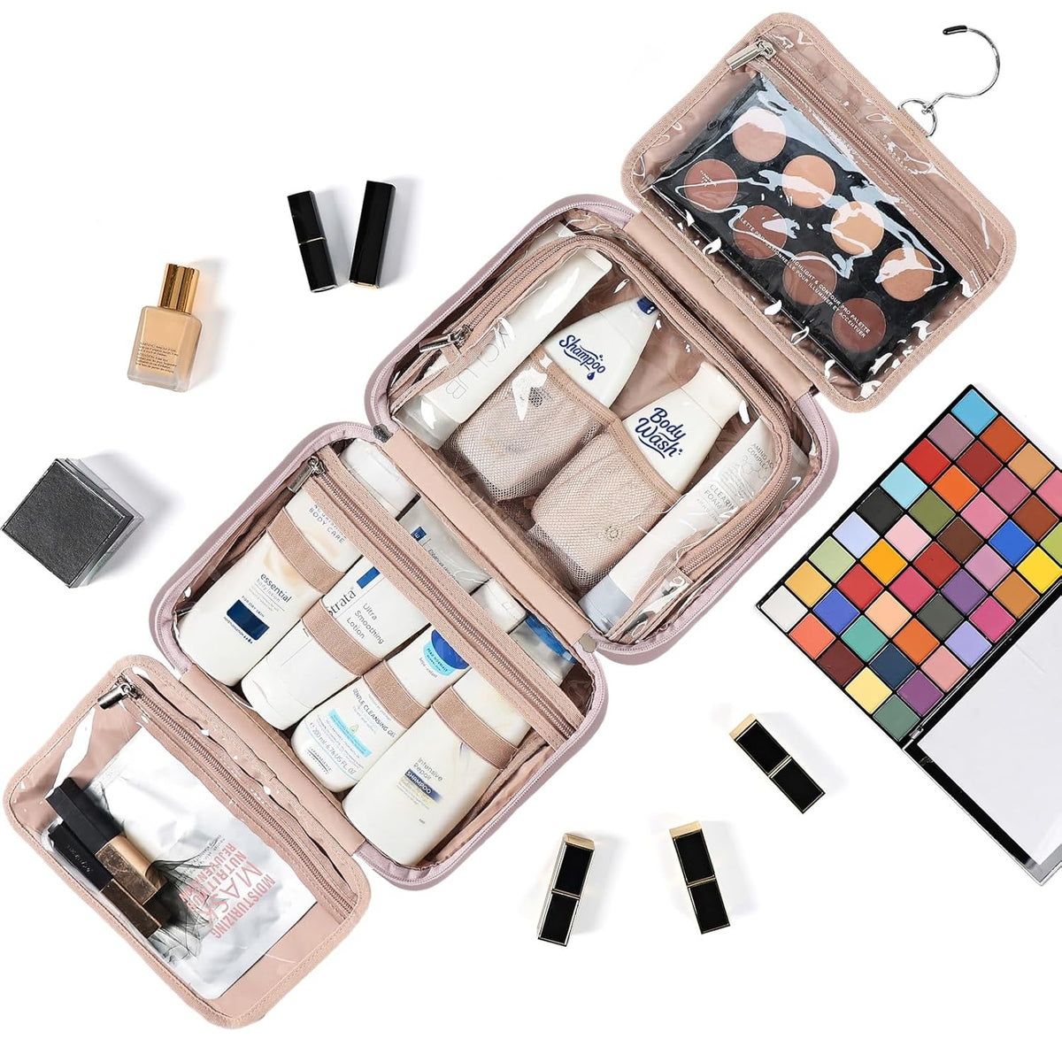 Travel Toiletry Bag for Women, Makeup Essentials Organizer, Hanging Case for Accessories, Cosmetics, Large Size, Pink