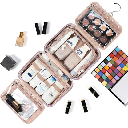 Travel Toiletry Bag for Women, Makeup Essentials Organizer, Hanging Case for Accessories, Cosmetics, Large Size, Pink