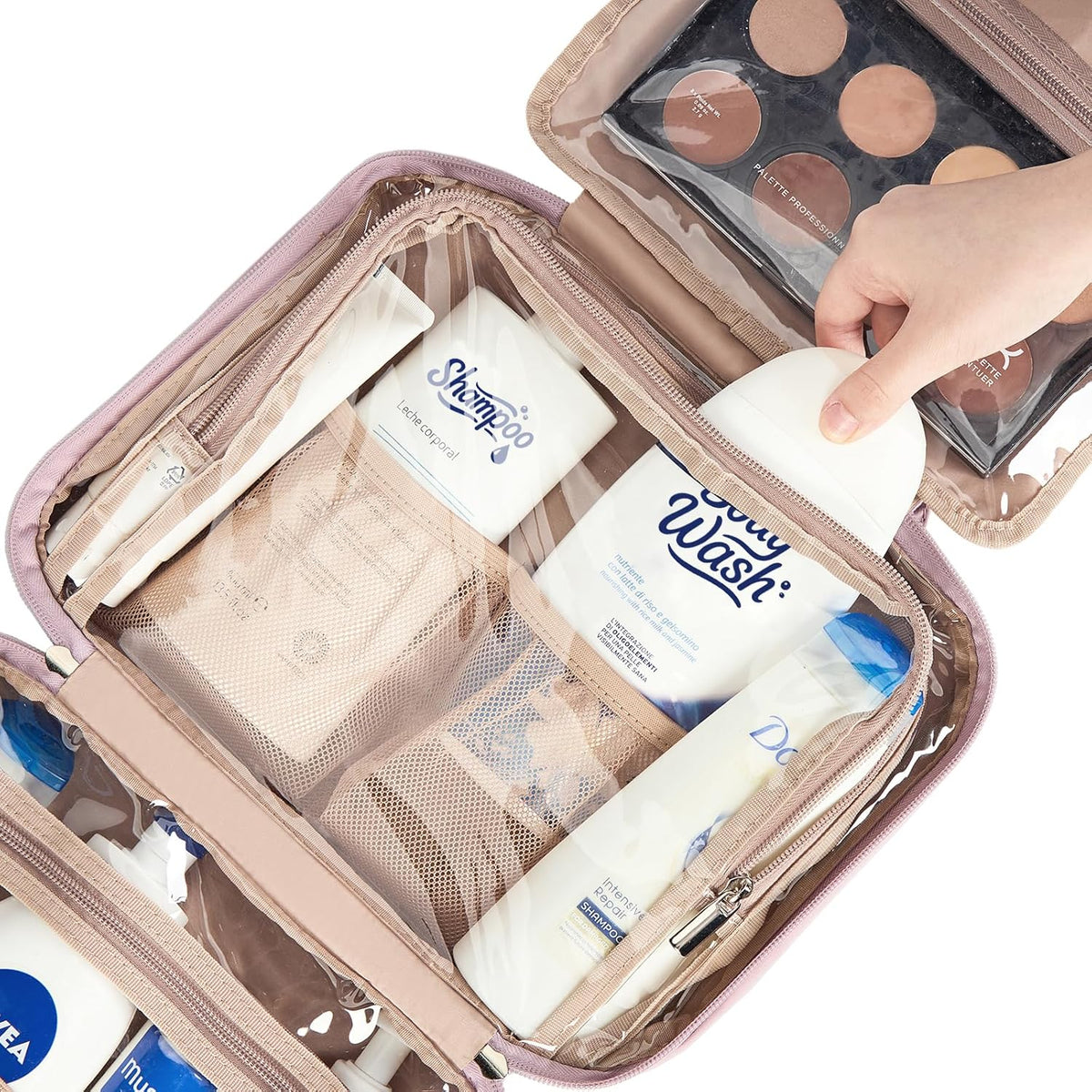 Travel Toiletry Bag for Women, Makeup Essentials Organizer, Hanging Case for Accessories, Cosmetics, Large Size, Pink