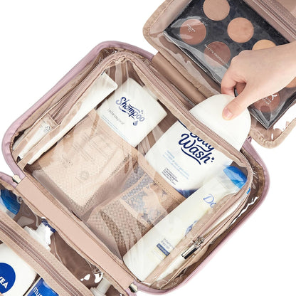 Travel Toiletry Bag for Women, Makeup Essentials Organizer, Hanging Case for Accessories, Cosmetics, Large Size, Pink