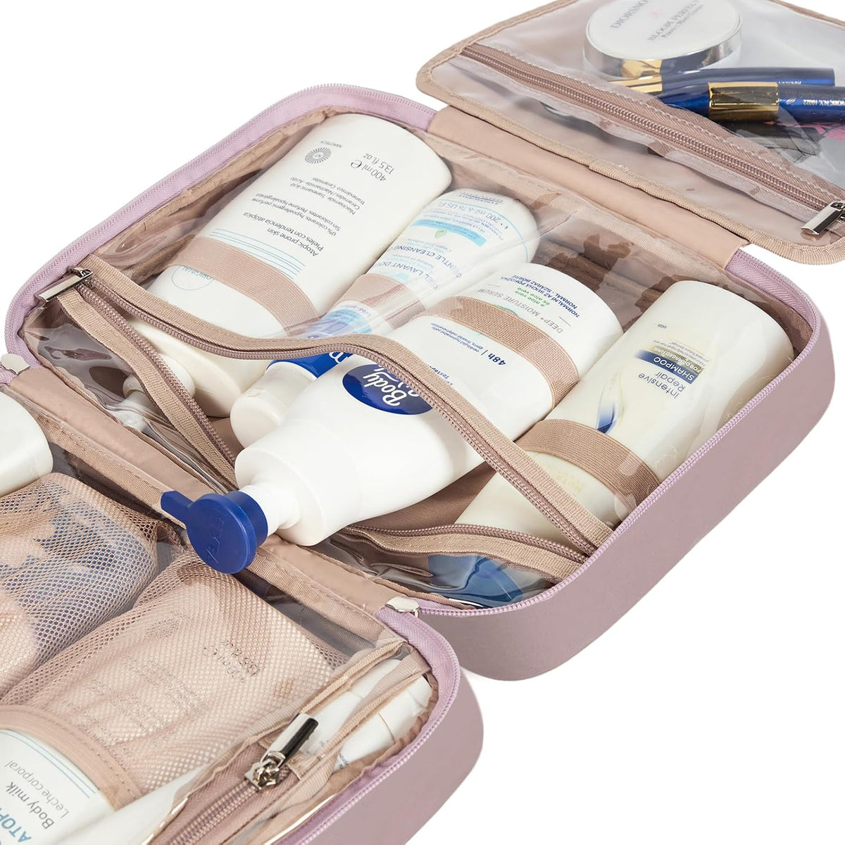 Travel Toiletry Bag for Women, Makeup Essentials Organizer, Hanging Case for Accessories, Cosmetics, Large Size, Pink