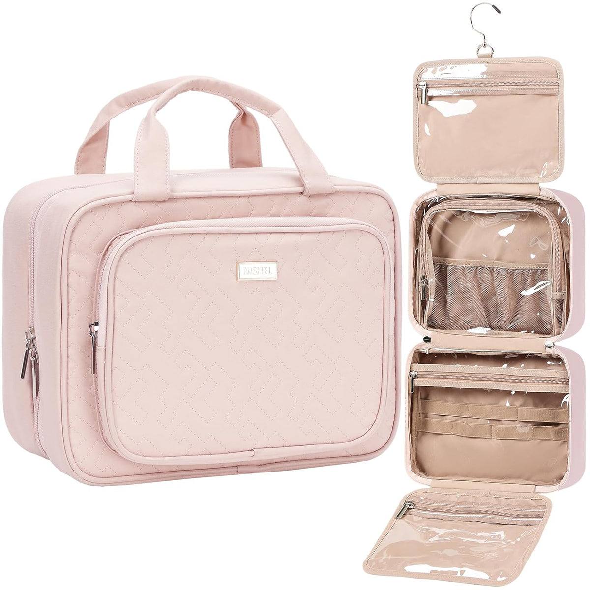 Travel Toiletry Bag for Women, Makeup Essentials Organizer, Hanging Case for Accessories, Cosmetics, Large Size, Pink