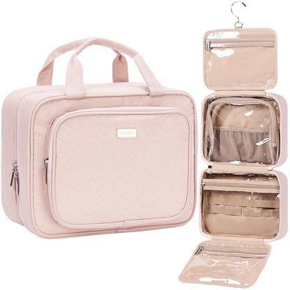 Travel Toiletry Bag for Women, Makeup Essentials Organizer, Hanging Case for Accessories, Cosmetics, Large Size, Pink