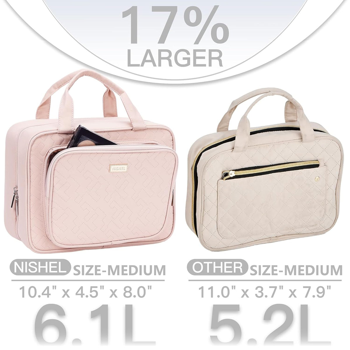 Travel Toiletry Bag for Women, Makeup Essentials Organizer, Hanging Case for Accessories, Cosmetics, Large Size, Pink