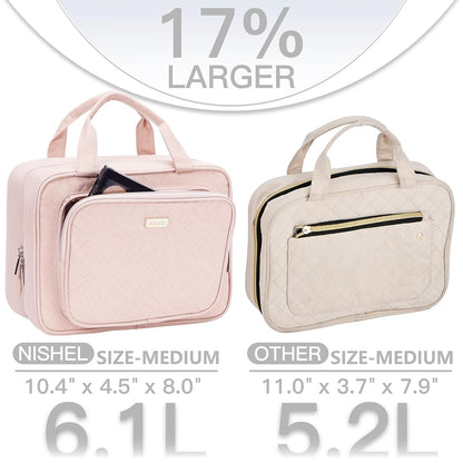 Travel Toiletry Bag for Women, Makeup Essentials Organizer, Hanging Case for Accessories, Cosmetics, Large Size, Pink