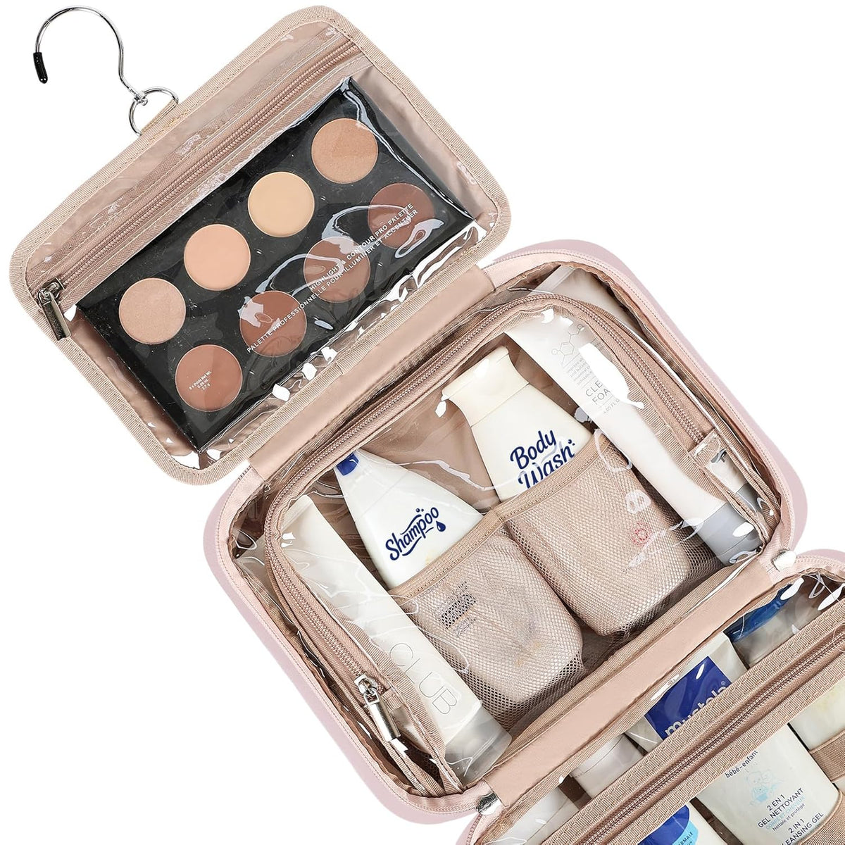 Travel Toiletry Bag for Women, Makeup Essentials Organizer, Hanging Case for Accessories, Cosmetics, Large Size, Pink