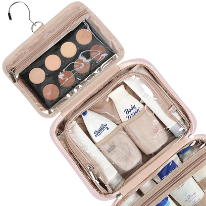 Travel Toiletry Bag for Women, Makeup Essentials Organizer, Hanging Case for Accessories, Cosmetics, Large Size, Pink