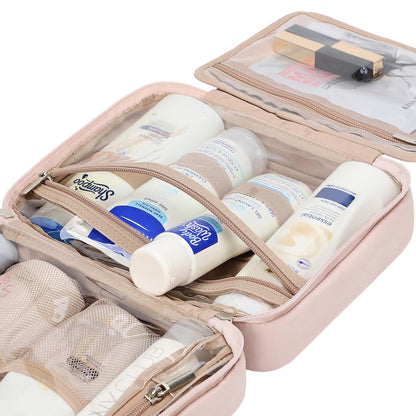 Travel Toiletry Bag for Women, Makeup Essentials Organizer, Hanging Case for Accessories, Cosmetics, Large Size, Pink