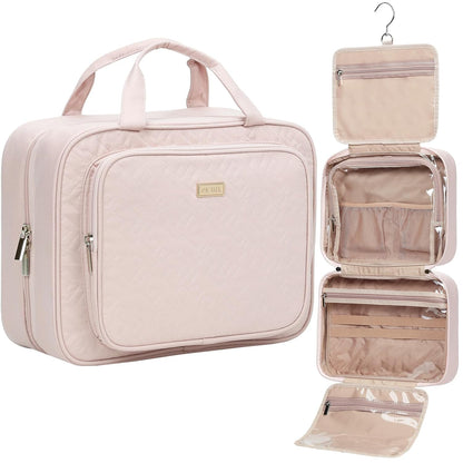 Travel Toiletry Bag for Women, Makeup Essentials Organizer, Hanging Case for Accessories, Cosmetics, Large Size, Pink