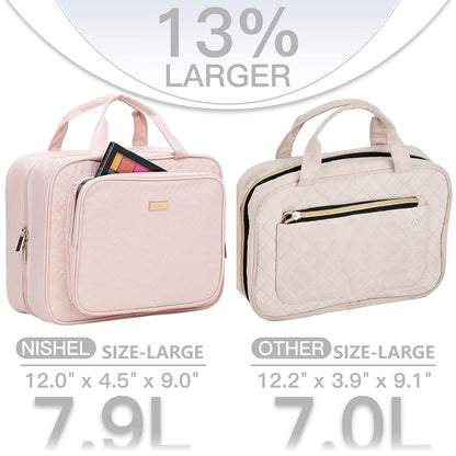 Travel Toiletry Bag for Women, Makeup Essentials Organizer, Hanging Case for Accessories, Cosmetics, Large Size, Pink