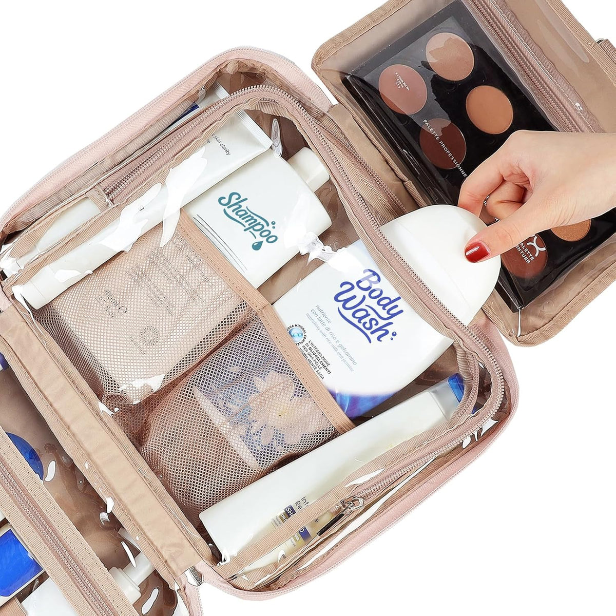 Travel Toiletry Bag for Women, Makeup Essentials Organizer, Hanging Case for Accessories, Cosmetics, Large Size, Pink