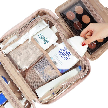 Travel Toiletry Bag for Women, Makeup Essentials Organizer, Hanging Case for Accessories, Cosmetics, Large Size, Pink