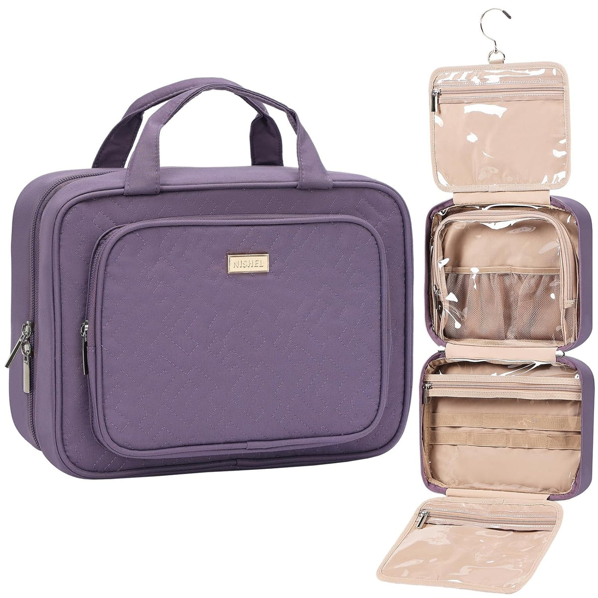 Travel Toiletry Bag for Women, Makeup Essentials Organizer, Hanging Case for Accessories, Cosmetics, Large Size, Pink