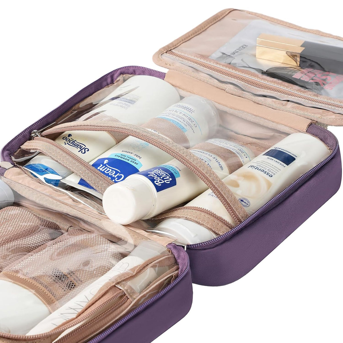 Travel Toiletry Bag for Women, Makeup Essentials Organizer, Hanging Case for Accessories, Cosmetics, Large Size, Pink