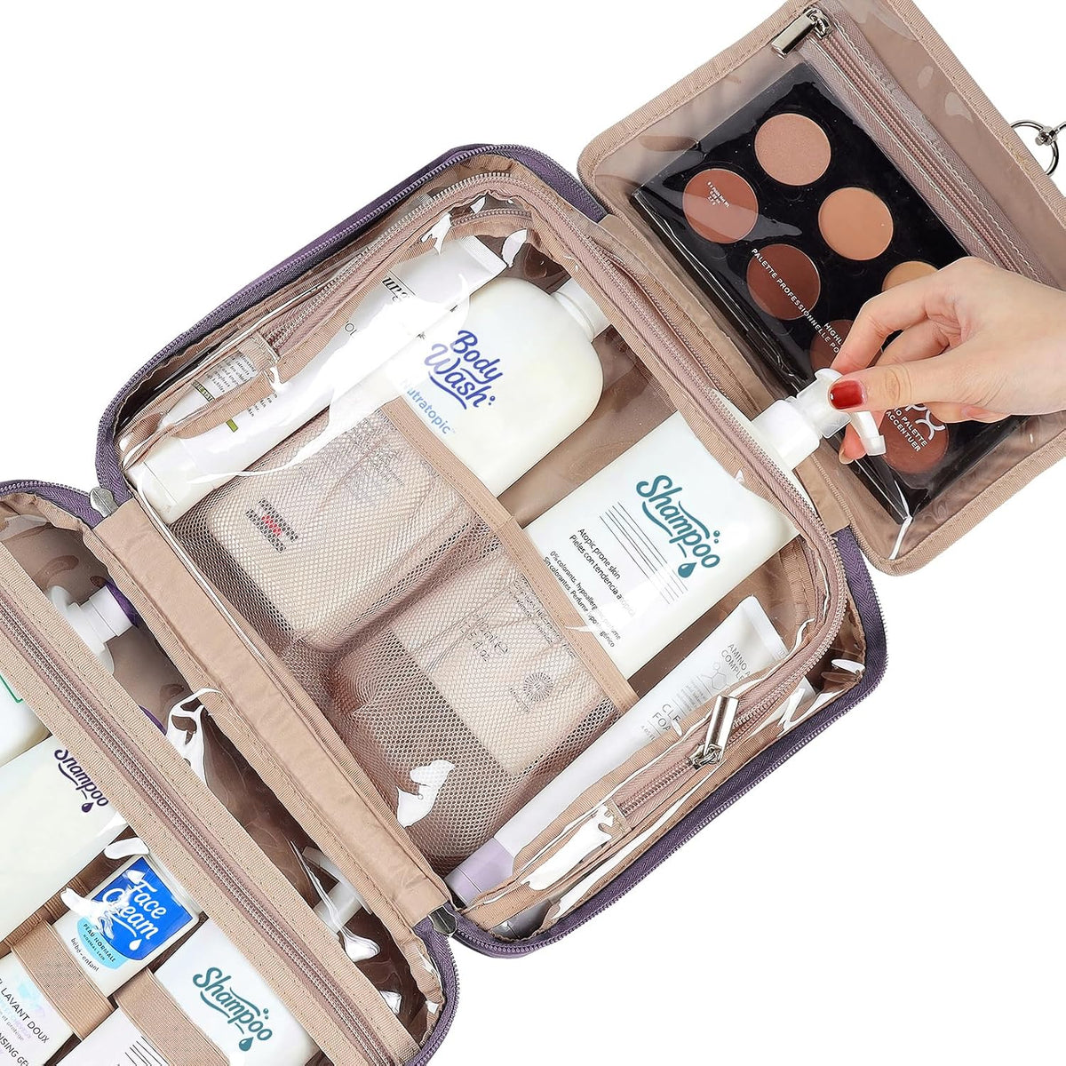 Travel Toiletry Bag for Women, Makeup Essentials Organizer, Hanging Case for Accessories, Cosmetics, Large Size, Pink