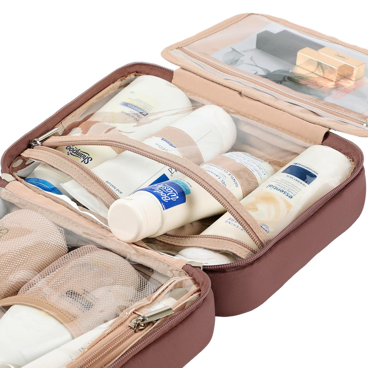 Travel Toiletry Bag for Women, Makeup Essentials Organizer, Hanging Case for Accessories, Cosmetics, Large Size, Pink