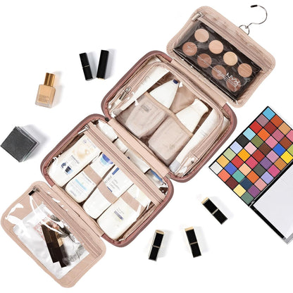Travel Toiletry Bag for Women, Makeup Essentials Organizer, Hanging Case for Accessories, Cosmetics, Large Size, Pink