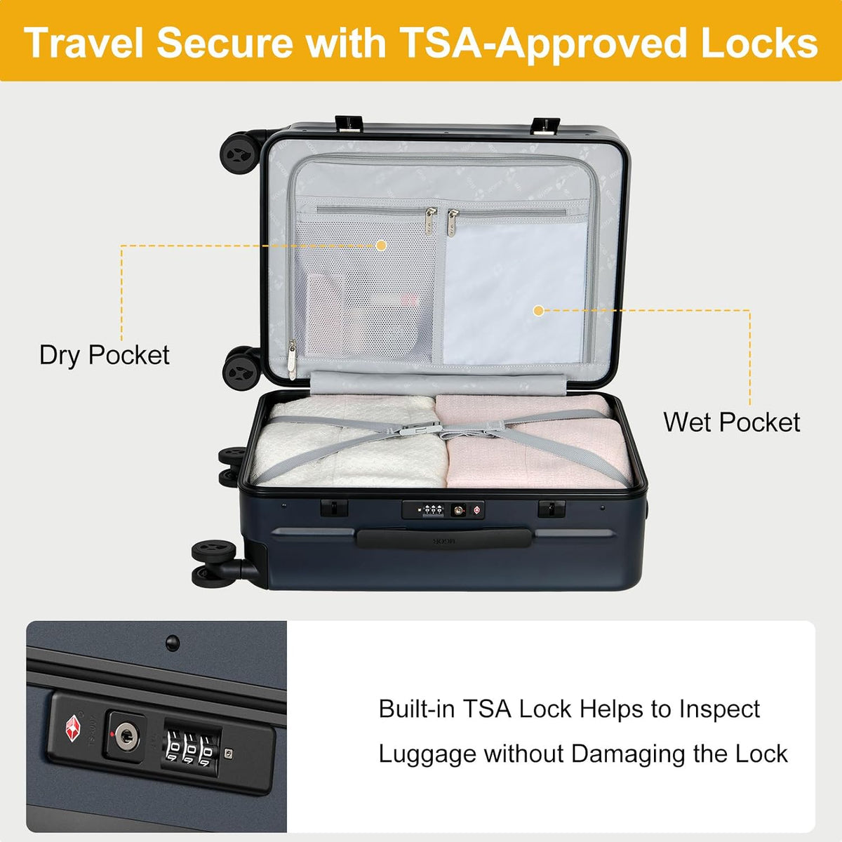 Carry on Luggage Airline Approved, 20 Inch with TSA Lock | PC Hard Shell Suitcase with Double Spinner Wheels and USB Port, Lightweight for Travel & Business