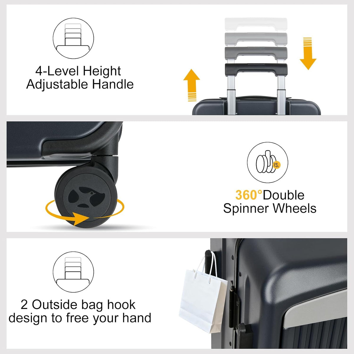 Carry on Luggage Airline Approved, 20 Inch with TSA Lock | PC Hard Shell Suitcase with Double Spinner Wheels and USB Port, Lightweight for Travel & Business