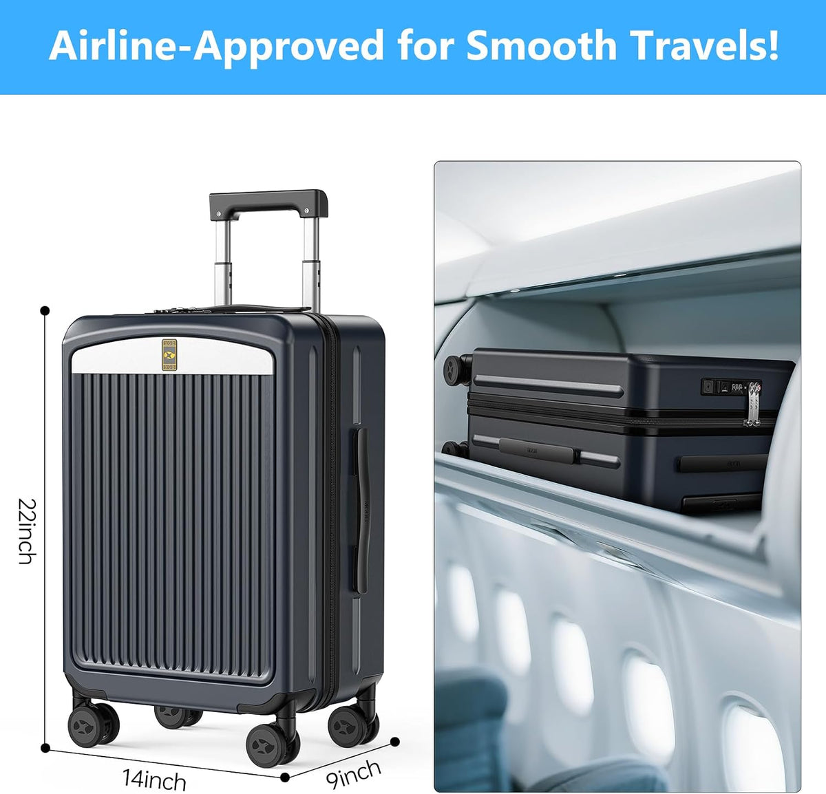 Carry on Luggage Airline Approved, 20 Inch with TSA Lock | PC Hard Shell Suitcase with Double Spinner Wheels and USB Port, Lightweight for Travel & Business