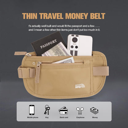 Unisex Money Belt For Men and Women, Slim Passport Holder RFID Blocking Travel Essentials Pouch with Adjustable Strap Small Waist Pouch for Workout Running Travelling Hiking, Beige