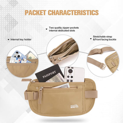 Unisex Money Belt For Men and Women, Slim Passport Holder RFID Blocking Travel Essentials Pouch with Adjustable Strap Small Waist Pouch for Workout Running Travelling Hiking, Beige