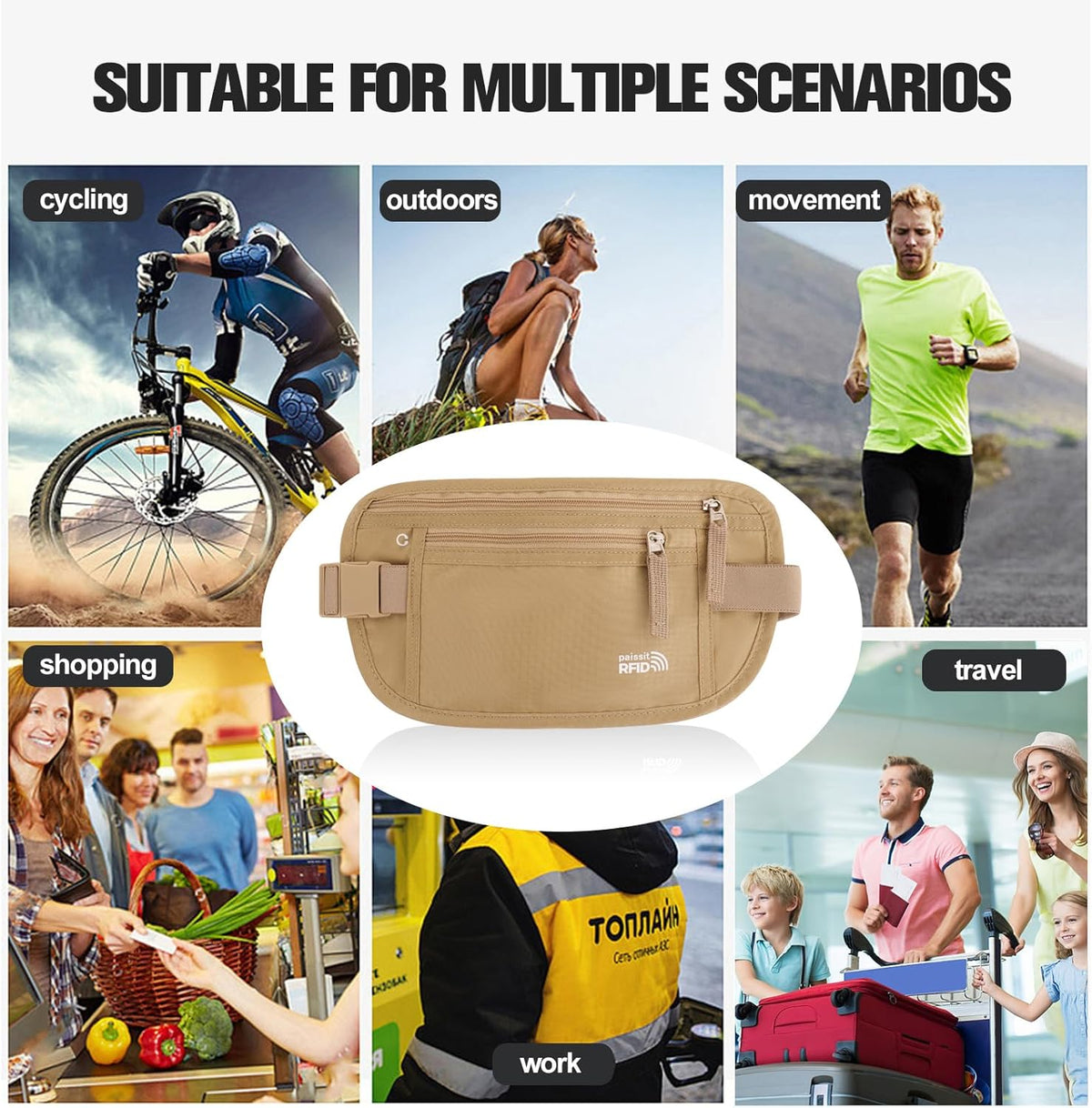 Unisex Money Belt For Men and Women, Slim Passport Holder RFID Blocking Travel Essentials Pouch with Adjustable Strap Small Waist Pouch for Workout Running Travelling Hiking, Beige