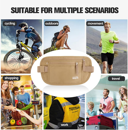 Unisex Money Belt For Men and Women, Slim Passport Holder RFID Blocking Travel Essentials Pouch with Adjustable Strap Small Waist Pouch for Workout Running Travelling Hiking, Beige