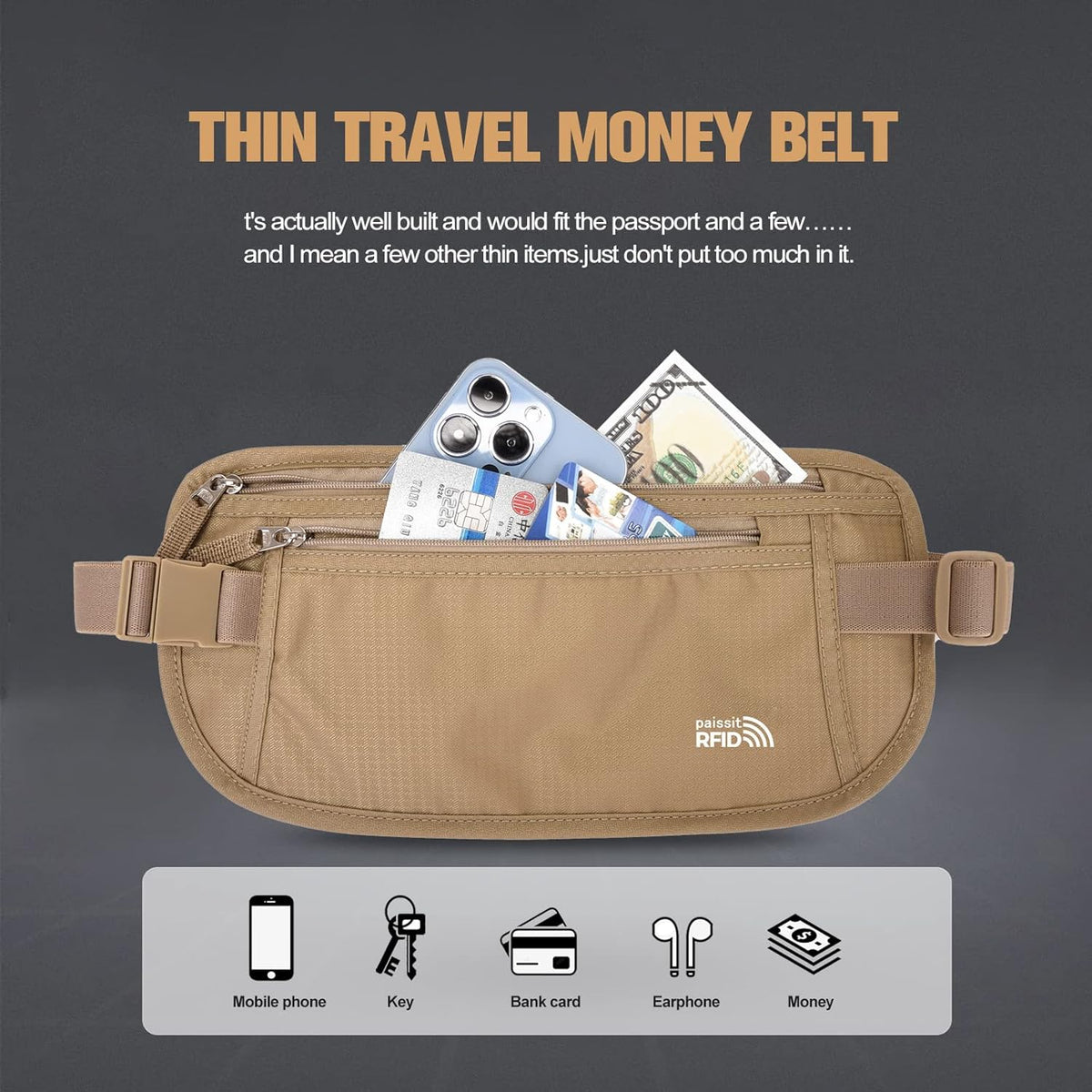 Unisex Money Belt For Men and Women, Slim Passport Holder RFID Blocking Travel Essentials Pouch with Adjustable Strap Small Waist Pouch for Workout Running Travelling Hiking, Beige