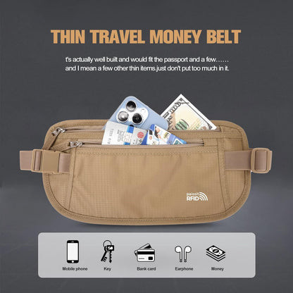 Unisex Money Belt For Men and Women, Slim Passport Holder RFID Blocking Travel Essentials Pouch with Adjustable Strap Small Waist Pouch for Workout Running Travelling Hiking, Beige