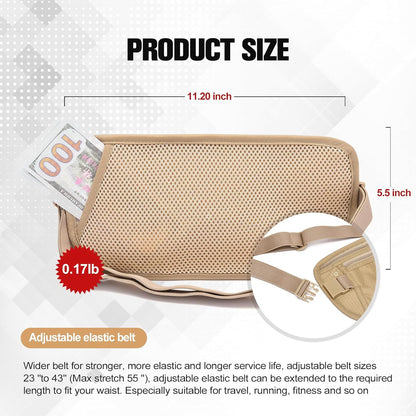 Unisex Money Belt For Men and Women, Slim Passport Holder RFID Blocking Travel Essentials Pouch with Adjustable Strap Small Waist Pouch for Workout Running Travelling Hiking, Beige