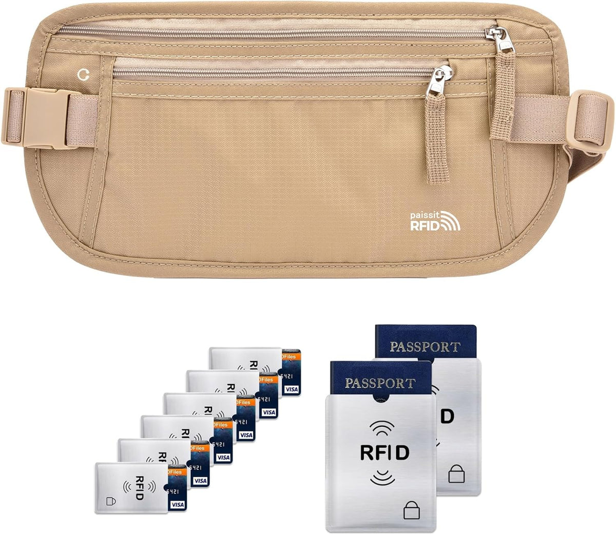 Unisex Money Belt For Men and Women, Slim Passport Holder RFID Blocking Travel Essentials Pouch with Adjustable Strap Small Waist Pouch for Workout Running Travelling Hiking, Beige