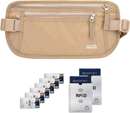 Unisex Money Belt For Men and Women, Slim Passport Holder RFID Blocking Travel Essentials Pouch with Adjustable Strap Small Waist Pouch for Workout Running Travelling Hiking, Beige